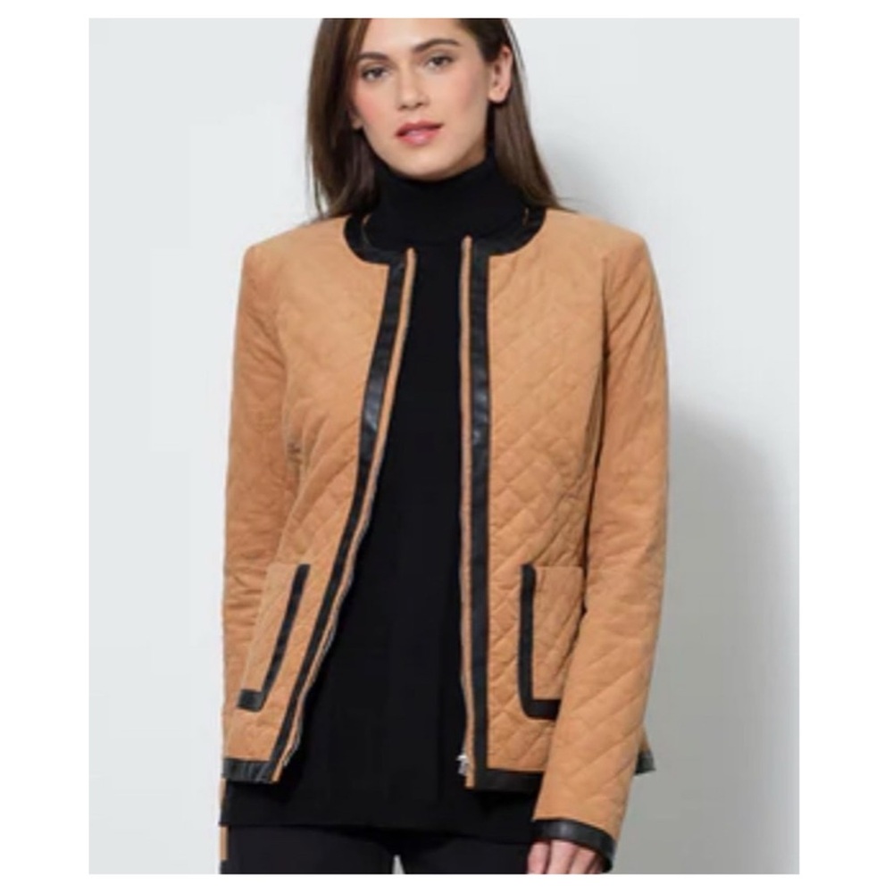 Etcetera Tan Black Quilted Faux Leather Trim Women's Jacket Size 6